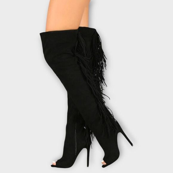 Steve Madden Lesha Suede Thigh High Open Toe Tall Heeled Fringe Boot Black Sz 9M - Picture 1 of 13